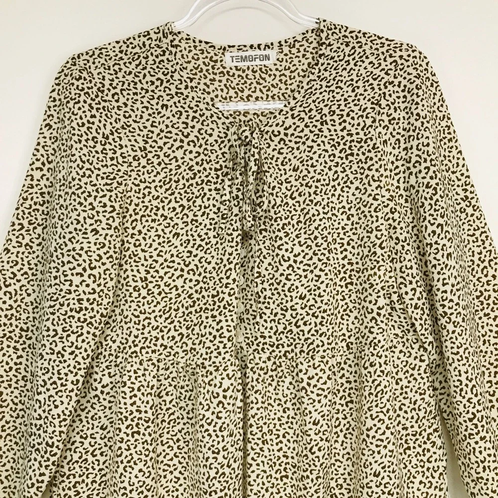Temofon Womens‎ Sz M Leopard Print Tiered Mini Dress Brown Tan Long Sleeve Rayon